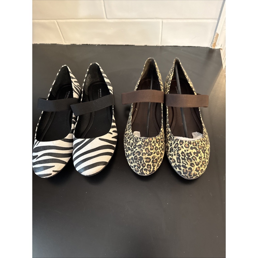 Lot Of 2 Wanted Womens 8.5 M Slip On Ballet Flats Zebra &‎ Cheetah Print